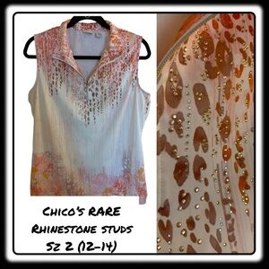 Chico’s RARE rhinestone stud orange, tan, white golf blouse L/W sz 2 (12-14)